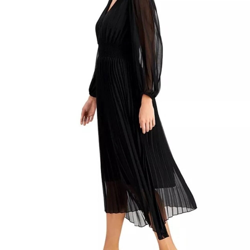 JUST TAYLOR Black Pleated Skirt 3/4 Sleeve Midi Dress Chiffon Black sz 8 - Picture 2 of 8